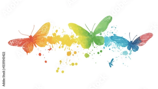 Fototapeta The image features a horizontal arrangement of five stylized butterflies rendered in a watercolor painting style.  Each butterfly displays a distinct, saturated color��red-orange, yellow, green,