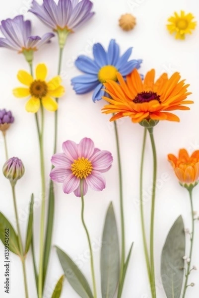Fototapeta Colorful arrangement of fresh flowers on a light surface showcasing various shapes and hues