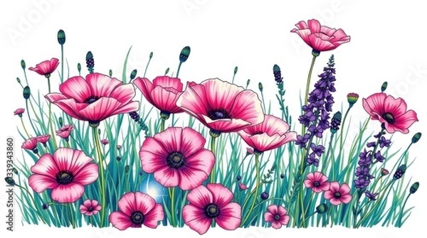 Fototapeta Colorful wildflowers bloom in a vibrant display showcasing nature's beauty during springtime in a tranquil environment
