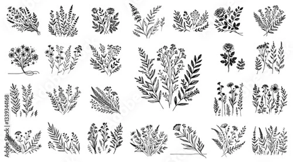 Fototapeta bouquet and foliage composition set with wild herbs and leaves