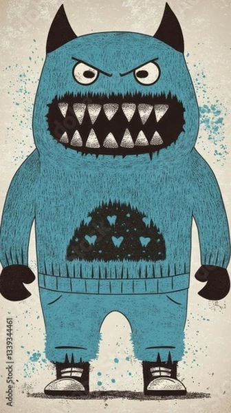 Fototapeta A Friendly Cartoon Monster Wearing Blue Clothes and Showing Sharp Teeth