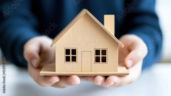 Fototapeta Wooden House Model in Hands: A Symbol of Homeownership and Real Estate