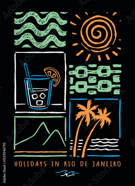 Obraz Casual style illustration of city elements from Rio de Janeiro, Brazil. Colorful art representing moments of relaxation and leisure.