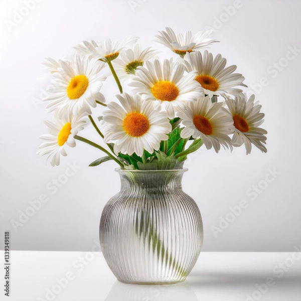 Fototapeta Daisies in glass vase against white backdrop, displaying delicate white petals and vibrant yellow centers