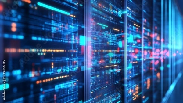 Fototapeta Futuristic data center with glowing server racks and vibrant digital displays in action