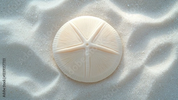 Fototapeta Symmetrical Sand Dollar on White Sand Beach with Subtle Shadows Highlighting its Delicate Texture
