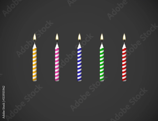 Obraz Birthday cake Candles flame realistic set isolated on dark backg