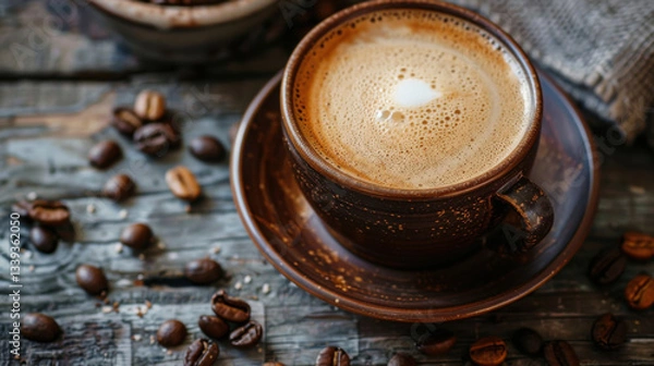 Fototapeta warm cup of coffee in rustic mug, surrounded by coffee beans, evokes comfort and relaxation