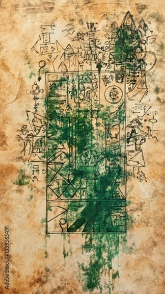 Fototapeta Ancient document shows symbols and patterns on textured aged paper