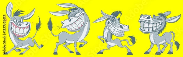 Fototapeta Playful cartoon donkeys with oversized toothy grins, dynamic poses, and bold line art on a vibrant yellow background. Ideal for humor, branding, and mascots