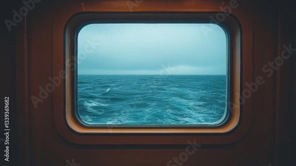 Fototapeta Moody Ocean View Through Ship Window on Overcast Day Capturing the Tranquil Sea Landscape with a Touch of Mystery and Serenity in Maritime Scenery