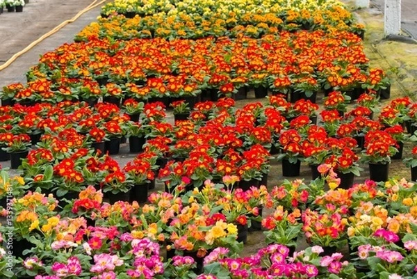 Obraz A huge number of spring colorful primroses await buyers in the spring in the greenhouses of the garden center