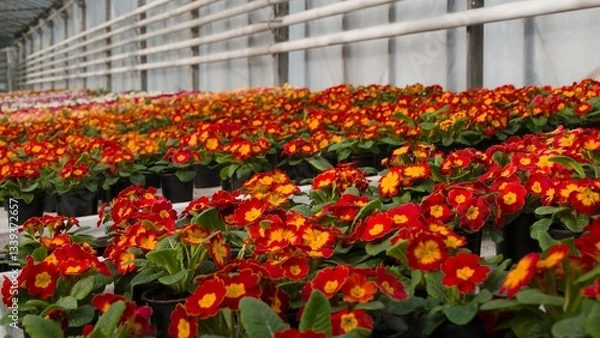 Obraz A huge number of spring red primroses with yellow centers await buyers in the spring in the greenhouses of the garden center