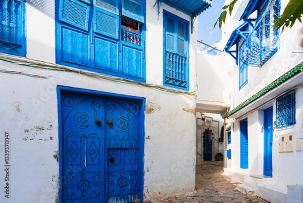 Fototapeta Empty cobbled street in the UNESCO World Heritage site of Sidi Bou Said, Tunis, Tunisia