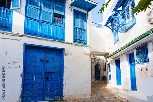 Fototapeta Empty cobbled street in the UNESCO World Heritage site of Sidi Bou Said, Tunis, Tunisia