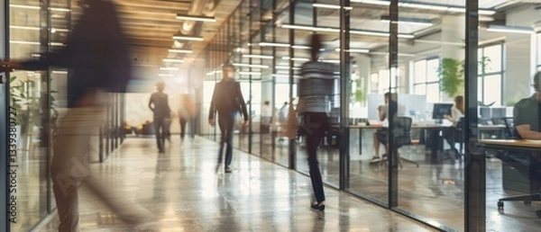 Fototapeta Spacious office hallway with glass partitions, blurred figures walking, and employees working at desks. Bright lighting and reflections create a dynamic, modern workspace