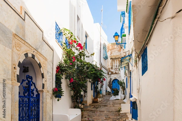 Fototapeta Empty cobbled street in the UNESCO World Heritage site of Sidi Bou Said, Tunis, Tunisia