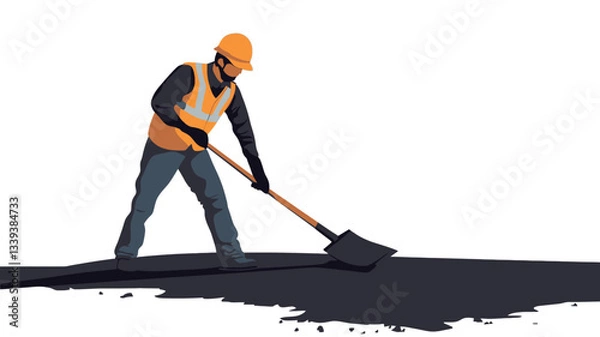 Fototapeta Vector illustration of a construction worker wearing a safety helmet and vest using a shovel to spread asphalt on a road surface. The worker is depicted from a three-quarter view, showing him in