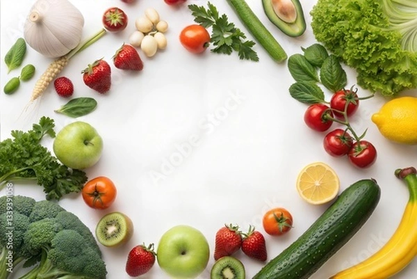 Fototapeta Colorful Assortment of Fresh Fruits and Vegetables on White Background, including strawberries, tomatoes, apples, cucumbers, lemons, kiwi, broccoli, and herbs,