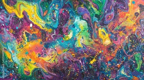 Fototapeta This artwork features a dynamic array of swirling colors including vibrant shades of blue, purple, and orange. It evokes a sense of cosmic exploration with its fluid patterns and energetic splashes