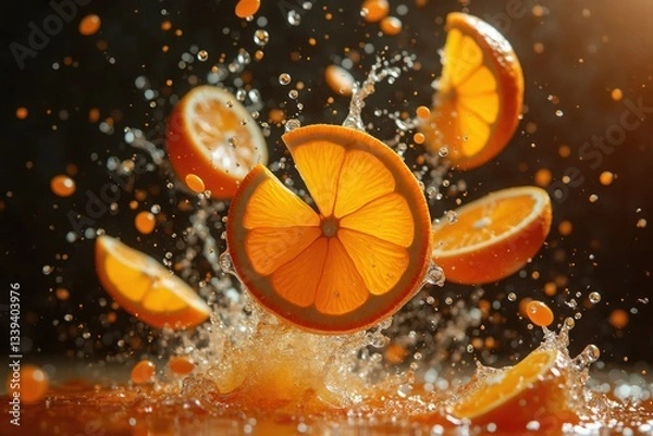 Obraz Citrus slices splash in vivid water droplets creating a refreshing and vibrant scene in a kitchen setting