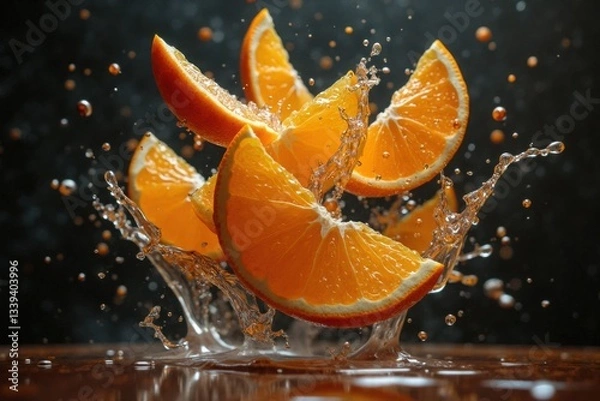Obraz Fresh orange slices splash in vibrant water, creating a lively and refreshing moment in the kitchen