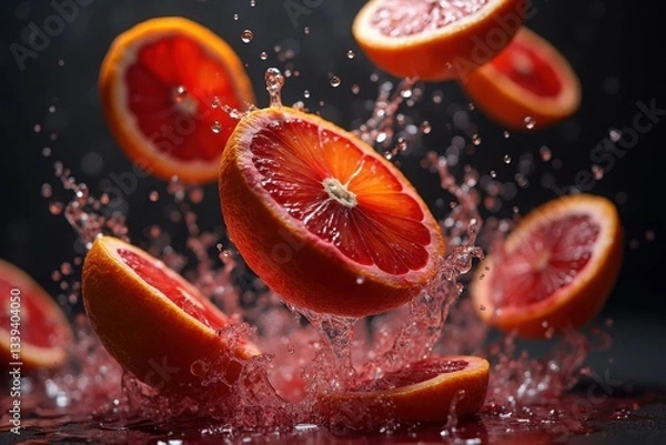 Obraz Fresh blood orange slices splash in water creating a vibrant scene of color and motion