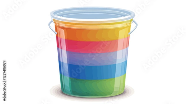Fototapeta A digital illustration depicts a transparent plastic bucket filled with multiple layers of paint. Each layer is a distinct color of the rainbow, creating a layered effect with visible horizontal