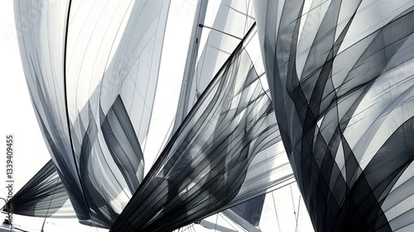 Obraz Abstract view of a sailboat's sails filled with wind, creating a dynamic composition of light and shadow against a bright sky.