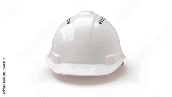 Fototapeta Close-up studio shot of a white safety helmet against a plain white background. The helmet is shown from a slightly elevated rear angle, exhibiting its smooth, matte surface.  Minimal shadowing is
