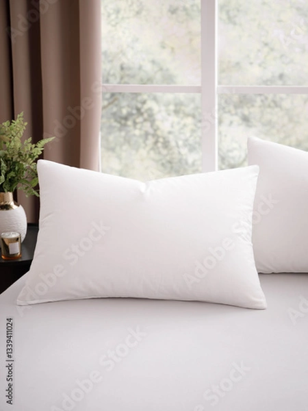 Fototapeta Bed with two pillows in pillow cases, covered with snow-white sheets, in a modern, bright bedroom, with a large window, decorated with brown curtains. Close-up photo. Suitable for mockup.