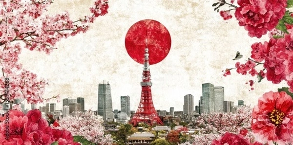 Obraz Illustration showing city skyline with red flowers and a red circle