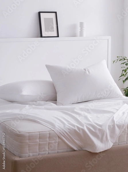 Fototapeta Modern bedroom decorated with handmade furniture. Double bed with two pillows and white sheets elegantly draped over the mattress. Mattress corner is visible. Side view photo. Suitable for mockup