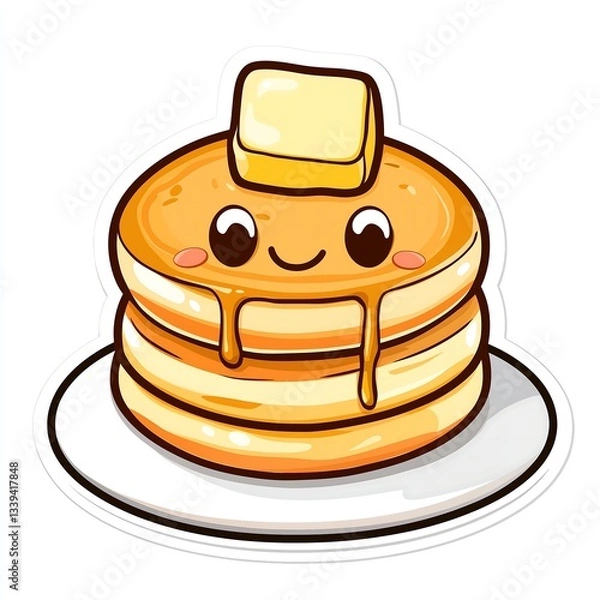 Fototapeta Cute smiley happy cartoon sticker pancake stack with butter maple syrup character face eyes dessert illustration drawing, white background

