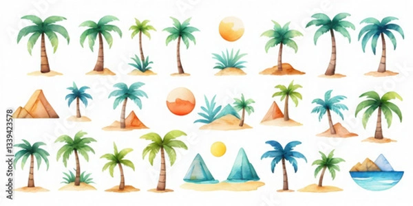 Obraz Summer icon watercolor scene with palm trees sun and umbrella in vibrant beach environment
