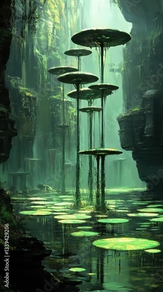 Fototapeta Strange tall flora growing within a lush green illuminated wetland