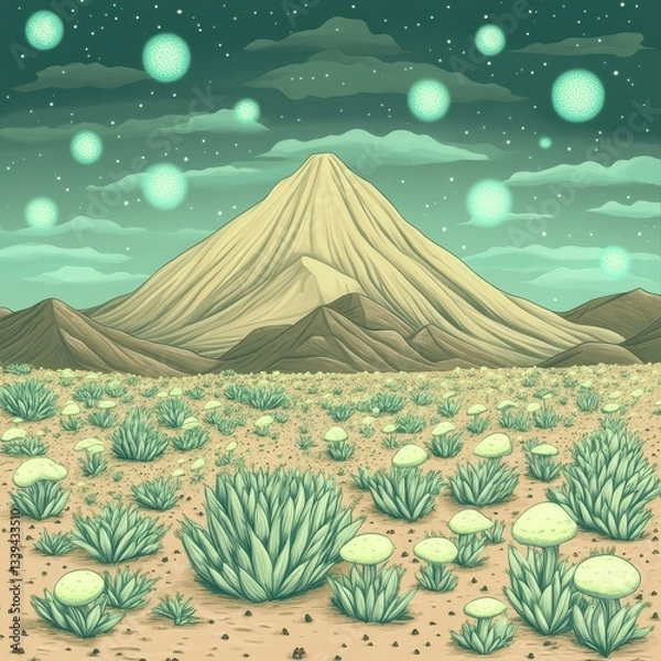 Fototapeta A surreal illustration of a mountainous landscape and strange objects