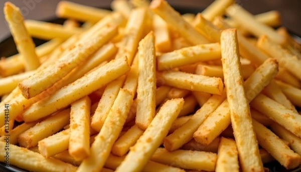 Fototapeta Crispy golden fries are made by cutting potatoes into thin strips, frying them until they are golden and crispy on the outside