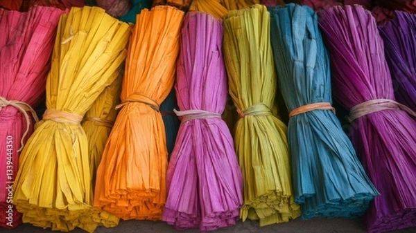Fototapeta Colorful Bundles Of Dried Corn Husks Arranged In A Row