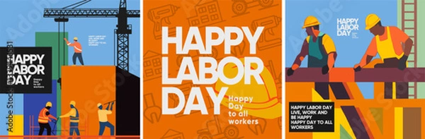 Obraz Happy Labor Day! 1 May. Vector illustration of construction site, builders, pattern, logo, helmet, crane for greeting card, poster, background and flyer