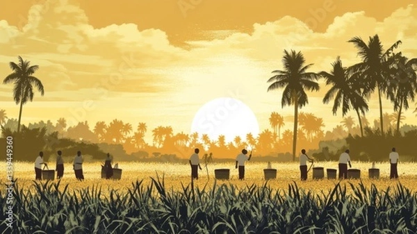 Obraz Farmers Harvesting Crops at Sunset Under Palm Trees