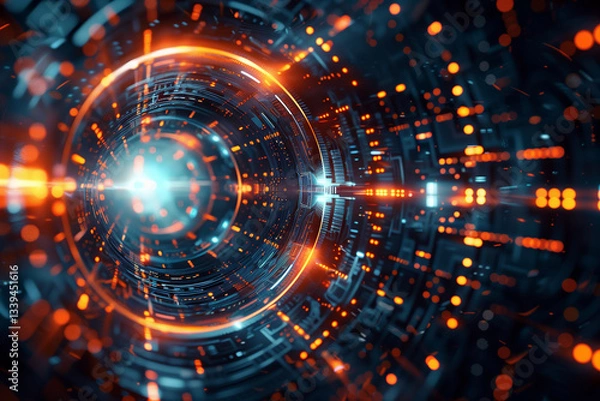 Fototapeta Futuristic digital tunnel with  glowing circular portal at center, filled with circuit patterns and vibrant orange and blue lights.