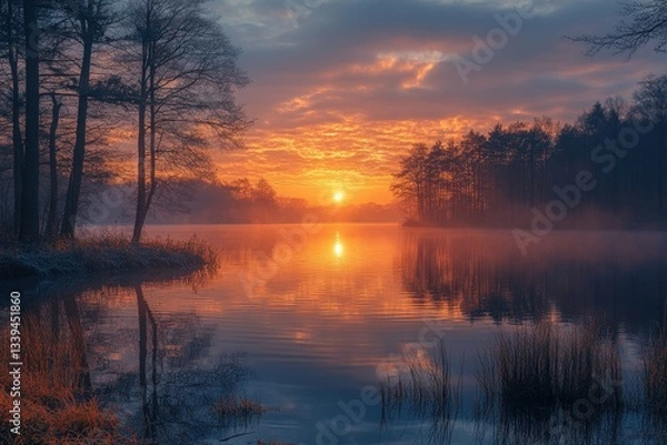 Fototapeta Serene Sunrise Illuminating Calm Waters of a Tranquil Lake Surrounded by Lush Greenery