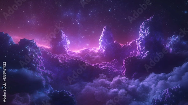 Fototapeta Celestial Dreamscape: A mesmerizing view of a dreamlike landscape with soft, fluffy clouds in shades of purple and blue, reminiscent of a cosmic ocean. 