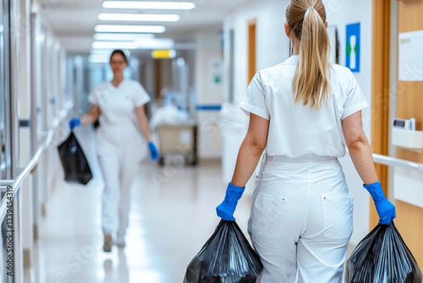 Obraz Hospital Hygiene: Healthcare workers diligently maintain cleanliness, carrying refuse through a hospital corridor.