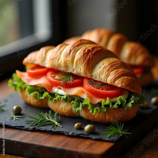 Obraz Salmon Croissant Sandwich with Appetizing Mood, No Background