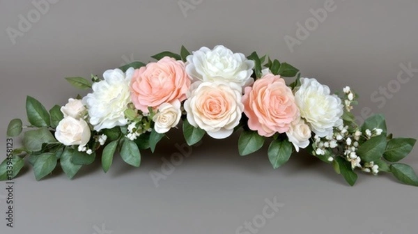 Fototapeta A dreamy wedding flower composition featuring pastel pink, white, and peach roses, softly arranged on a neutral gray background.
