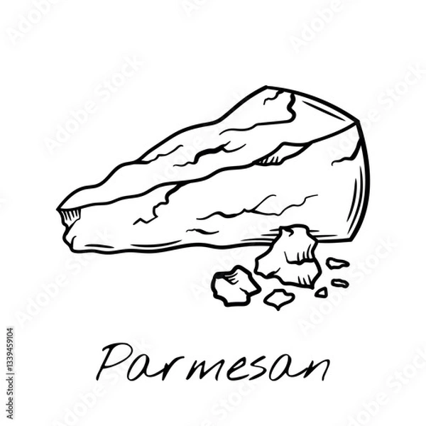 Fototapeta Hand-drawn black and white vector illustration of a wedge of Parmesan cheese with crumbles. Vintage engraving-style, perfect for food packaging, restaurant menus, and culinary branding.