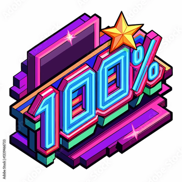 Fototapeta Colorful 3D Isometric 100% Text with Star and Sparkles Retro Gaming Style