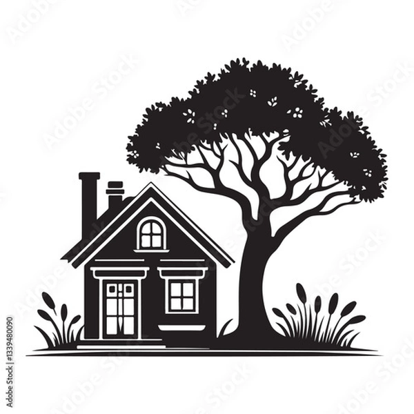Fototapeta Charming House Silhouette Vector Illustration with Tree in Peaceful Setting